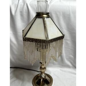 Vintage Glass Fringe Gold Candlestick Hurricane Globe Table Lamp